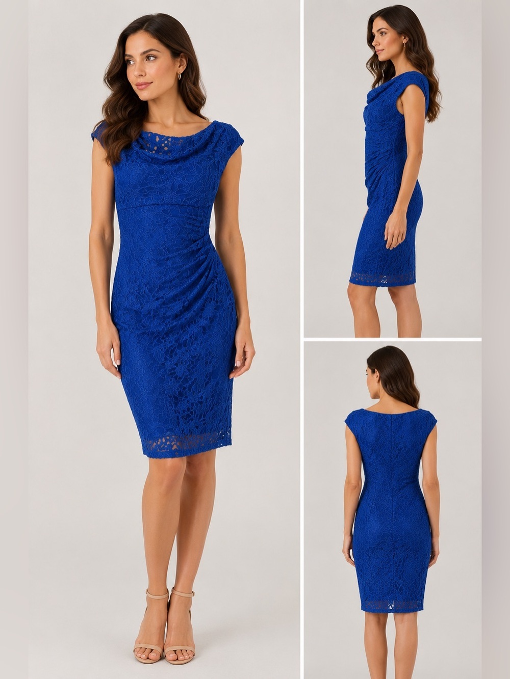 Lauren Ralph Lauren Blue Lace Sheath Dress 6P Petite Ruched bodycon Cocktail
